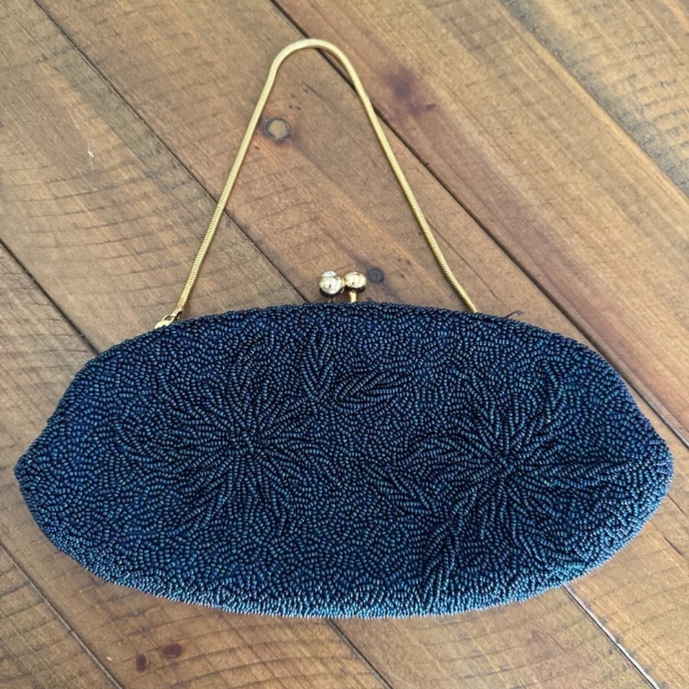 Vintage Blue beaded Floral design Gold chain Clutch Purse - Picture 1 of 12